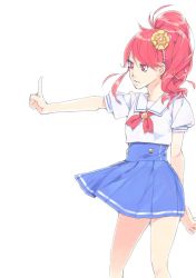 Rule 34 | 1girl, aino megumi, akinbo (hyouka fuyou), arm behind back, blue skirt, hair ornament, happinesscharge precure!, high ponytail, highres, index finger raised, long hair, miniskirt, outstretched arm, pleated skirt, precure, red eyes, red hair, sailor collar, school uniform, shirt, short sleeves, simple background, skirt, solo, standing, white background, white sailor collar, white shirt