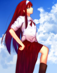 Rule 34 | 1girl, blue eyes, blue sky, brown footwear, closed mouth, cloud, commentary request, day, gradient clothes, gradient shirt, hairband, hand on own hip, highres, iro (sekaixiro), long hair, looking at viewer, neck ribbon, outdoors, profile, red hair, red ribbon, red shirt, red skirt, ribbon, shirt, short sleeves, skirt, sky, solo, tohno akiha, toono akiha, tsukihime, vermillion akiha, white hairband, white shirt