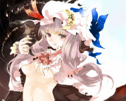 Rule 34 | 1girl, blue ribbon, blunt bangs, bow, breasts, crescent, crescent hair ornament, female focus, hair bow, hair ornament, hat, hat ribbon, long hair, looking at viewer, mo, mob cap, navel, patchouli knowledge, purple eyes, purple hair, red ribbon, ribbon, shunsei (muratou), solo, torn clothes, touhou, underboob, upper body