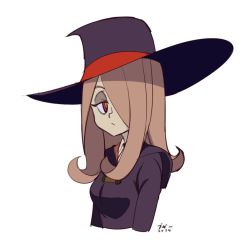 Rule 34 | 1girl, boogy (mnmnjuguna), female focus, hair over one eye, hat, little witch academia, looking at viewer, pink hair, red eyes, simple background, solo, sucy manbavaran, upper body, white background, witch hat
