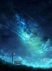 Rule 34 | bench, cloud, czy (2894456992), grass, highres, lamppost, light particles, nebula, night, night sky, no humans, original, outdoors, scenery, shooting star, sky, star (sky), starry sky