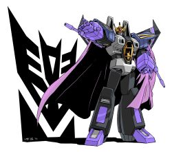 Rule 34 | absurdres, arm cannon, cape, cosplay, crown, decepticon, frown, highres, looking at viewer, makoto ono, mecha, no humans, open hand, purple cape, red eyes, robot, science fiction, simple background, skywarp, solo, starscream, starscream (cosplay), transformers, weapon, white background