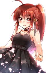 Rule 34 | 1girl, ahoge, alternate costume, arm strap, bare arms, bell, black choker, black dress, blush, breasts, brown hair, choker, cleavage, commentary request, cowboy shot, dress, eyes visible through hair, frown, hair bell, hair between eyes, hair ornament, hair ribbon, highres, jingle bell, little busters!, long hair, looking at viewer, natsume rin, open mouth, ponytail, red eyes, ribbon, shinonome mozuku, sidelocks, simple background, sleeveless, sleeveless dress, small breasts, solo, standing, straight hair, sweat, sweatdrop, very long hair, white background, white ribbon