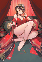 Rule 34 | 1girl, :&gt;, alternate costume, anklet, aqua nails, ass, azur lane, bare shoulders, barefoot, black hair, blunt bangs, breasts, chinese clothes, cleavage, closed mouth, curtains, double bun, dudou, fingernails, hair bun, headpiece, highres, incense burner, jewelry, large breasts, looking at viewer, nail clippers, nail polish, orange eyes, pillow, plumw, sitting, solo, string, string of fate, thighs, toenails, toes, yat sen (azur lane), yat sen (coronal afterglow) (azur lane)