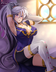 Rule 34 | 1girl, absurdres, adjusting hair, anklet, armpits, artist name, bike shorts, blush, breasts, choker, cleavage, collarbone, covered navel, day, dress, earrings, elbow gloves, fire emblem, fire emblem: genealogy of the holy war, gloves, gold trim, hair between eyes, hand in own hair, highres, indoors, ishtar (fire emblem), jewelry, long hair, looking at viewer, medium breasts, nintendo, parted lips, patreon username, ponytail, purple dress, purple eyes, side slit, signature, silver hair, sitting, smile, solo, sunlight, thighhighs, thighs, underwear, vilde loh hocen, watermark, web address, white gloves, white thighhighs, window, zettai ryouiki