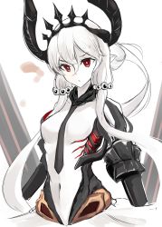 Rule 34 | 1girl, absurdres, abyssal ship, black horns, breasts, colored skin, commentary request, eyeball hair ornament, fast light carrier water demon, hair between eyes, hair ornament, highres, horns, kantai collection, long hair, medium breasts, mizuchi (mizuchi7118), navel, pale skin, pointy ears, red eyes, short hair with long locks, simple background, solo, tiara, very long hair, white background, white hair, white skin