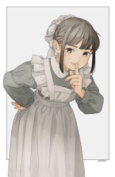 Rule 34 | 1girl, akai sashimi, apron, artist name, border, braid, brown eyes, brown hair, collared dress, cowboy shot, dress, finger to mouth, frilled apron, frills, grey background, grey dress, hand on own hip, hand up, highres, leaning forward, long sleeves, looking at viewer, maid, maid apron, original, outside border, parted lips, shushing, sidelocks, simple background, smile, solo, standing, white apron, white border