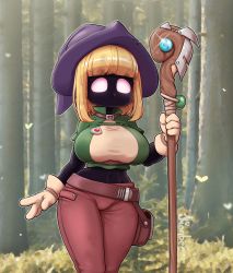 Rule 34 | 1girl, belt, black skin, blank eyes, blonde hair, bob cut, breasts, brown belt, colored skin, fewer digits, forest, glint, gloves, green shirt, hat, highres, holding, holding staff, kionant, large breasts, medium hair, midriff, nature, navel, no mouth, original, outdoors, pants, purple hat, red pants, shirt, signature, solo, staff, standing, yellow gloves