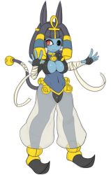 Rule 34 | 1girl, animal ears, ankh, bad id, bad tumblr id, bandages, black hair, blue skin, breasts, cleavage, colored skin, covered navel, dog ears, egyptian, fingerless gloves, gloves, hair ornament, harem, harem pants, heterochromia, jewelry, large breasts, lots of jewelry, mato spectoru, original, pants, pointy footwear, red eyes, see-through, shoes, solo, stitched mouth, stitches, tail, white background, zombie