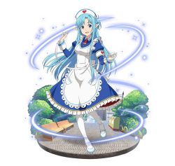 Rule 34 | 1girl, :d, apron, armband, asuna (sao-alo), bandages, blue dress, blue eyes, blue footwear, blue hair, breasts, dress, faux figurine, floating hair, full body, hat, heart, heart print, holding, long hair, looking at viewer, mary janes, medium breasts, necktie, nurse, nurse cap, open mouth, pantyhose, pointy ears, red necktie, shoes, short necktie, simple background, smile, solo, standing, sword art online, very long hair, white apron, white background, white pantyhose