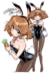 Rule 34 | 1girl, aged down, animal ear hairband, animal ears, arms behind back, bare shoulders, black leotard, black pantyhose, blush, breasts, cleavage, commentary request, cropped legs, detached collar, fake animal ears, full body, hairband, highres, holding, holding tray, idolmaster, idolmaster cinderella girls, leotard, looking at viewer, moroboshi kirari, multiple views, orange hair, oversized breast cup, pantyhose, playboy bunny, rabbit ear hairband, rabbit ears, rabbit tail, simple background, sketch, small breasts, strapless, strapless leotard, tail, takanashi ringo, translated, tray, twintails, white background, wrist cuffs