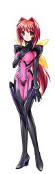Rule 34 | 1girl, ahoge, blush, bodysuit, breasts, covered navel, covered erect nipples, hair intakes, highres, kagami sumika, large breasts, long hair, looking at viewer, muv-luv, muv-luv alternative, pilot suit, ponytail, red eyes, red hair, skin tight, solo, v arms, very long hair