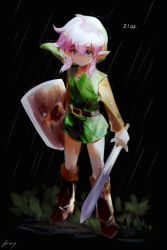 Rule 34 | 1boy, aubz, blue eyes, boots, brown footwear, dated, full body, green headwear, green tunic, holding, holding shield, holding sword, holding weapon, left-handed, link, male focus, nintendo, pink hair, pointy ears, rain, shield, signature, solo, standing, sword, the legend of zelda, the legend of zelda: a link to the past, weapon