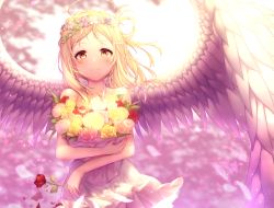 Rule 34 | 1girl, ahoge, angel wings, bad id, bad pixiv id, blonde hair, blush, bouquet, braid, crown braid, dress, feathered wings, feathers, flower, hair ornament, hair rings, hairpin, halter dress, halterneck, head wreath, holding, holding bouquet, kokkeina budou, kyouou ena, looking at viewer, love live!, love live! sunshine!!, medium hair, ohara mari, petals, red flower, red rose, rose, smile, solo, white feathers, wings, yellow eyes, yellow flower, yellow rose