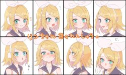 Rule 34 | ..., 1girl, :/, :o, aqua eyes, bare shoulders, black sailor collar, blonde hair, blush, bow, collarbone, embarrassed, expression chart, expressionless, fang, flying sweatdrops, from below, from side, grin, hair bow, hair ornament, hairclip, headphones, headset, highres, kagamine rin, light blush, looking at viewer, looking up, medium hair, multiple views, nnc225, open mouth, profile, sailor collar, shirt, sideways glance, skin fang, sleeveless, sleeveless shirt, smile, solo, spoken ellipsis, swept bangs, three quarter view, treble clef, v-shaped eyebrows, vocaloid, wavy mouth, white bow