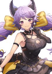 Rule 34 | 1girl, animal ears, asymmetrical gloves, black dress, black gloves, breasts, dress, gloves, granblue fantasy, highres, large breasts, long hair, purple eyes, purple hair, satyr (granblue fantasy), shinoho, signature, smile, twintails