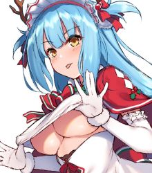 Rule 34 | 1girl, antlers, azur lane, breasts, capelet, christmas, commentary request, fake antlers, headgear, horns, neptune (azur lane), neptune (princess of the reindeers) (azur lane), raiou, red capelet, reindeer antlers, shirt tug, two side up, underboob, white sleeves