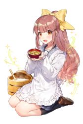 Rule 34 | 1girl, :d, apron, bamboo steamer, black socks, blue skirt, blush, bowl, brown eyes, brown footwear, brown hair, collarbone, commentary request, fingernails, food, full body, high ponytail, holding, holding bowl, kappougi, kneehighs, loafers, long hair, long sleeves, looking at viewer, official art, open mouth, original, pleated skirt, ponytail, rice, school uniform, seiza, serafuku, shamoji, shirako miso, shoes, simple background, sitting, skirt, smile, socks, solo, sparkle, very long hair, white apron, white background