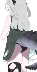 Rule 34 | 1girl, absurdres, arknights, ass, bbizim03, black panties, black thighhighs, blush, cowboy shot, crocodilian tail, dress, facing away, from behind, green dress, grey hair, highres, long hair, panties, simple background, single thighhigh, sleeveless, sleeveless dress, solo, tail, thighhighs, tomimi (arknights), torn clothes, torn thighhighs, underwear, white background