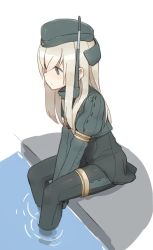 Rule 34 | 10s, 1girl, antennae, bad id, bad twitter id, between legs, blonde hair, coupon (skyth), cropped jacket, garrison cap, hand between legs, hat, kantai collection, long hair, long sleeves, military, military uniform, partially submerged, puffy long sleeves, puffy sleeves, sitting, solo, u-511 (kancolle), uniform, water