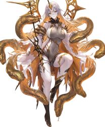 Rule 34 | 1girl, ankle boots, blonde hair, boots, breasts, colored skin, covered navel, female focus, fire emblem, fire emblem heroes, gold trim, gradient hair, grey hair, gullveig (fire emblem), high heel boots, high heels, highres, horns, large breasts, long hair, long sleeves, looking at viewer, mouth hold, multicolored hair, nintendo, non-web source, official art, parted bangs, single horn, snake, solo, thighs, two-tone hair, wand, white skin, wide sleeves, yellow eyes, yoshiku (oden-usagi)