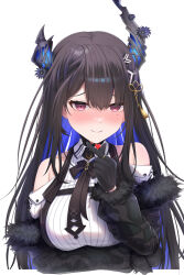 Rule 34 | 1girl, bare shoulders, black gloves, black hair, blue eyes, breasts, fur trim, gloves, hair ornament, highres, hololive, hololive english, horns, large breasts, looking at viewer, mole, mole under eye, necktie, nerissa ravencroft, nerissa ravencroft (1st costume), purple eyes, simple background, smile, solo, suicabar72, virtual youtuber, white background