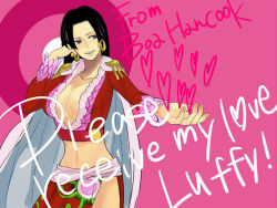 Rule 34 | 1girl, amazon lily, black hair, boa hancock, breasts, cape, cleavage, earrings, female focus, heart, highres, jacket, jewelry, long hair, long skirt, midriff, monkey d. luffy, navel, one piece, purple eyes, red jacket, side slit, skirt, solo, standing, text focus, valentine