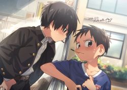 Rule 34 | 2boys, black hair, blush, close-up, closed mouth, commentary request, food, hair between eyes, hands in pocket, highres, holding, locker, looking at another, looking at viewer, male focus, multiple boys, original, pocky, pocky day, school, school uniform, short hair, window, wool bl