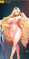 Rule 34 | 1girl, adjusting hair, big hair, bikini, blonde hair, blue eyes, blush, breasts, charlotte (last origin), crossed legs, drill hair, gem, gold bikini, gradient background, groin, hair between eyes, happy, highres, jewelry, lactation, large breasts, last origin, legs, long hair, looking at viewer, milk, navel, nipples, open mouth, parasol, pussy, revealing clothes, simple background, skindentation, smile, solo, standing, sunglasses, sunglasses on head, swimsuit, thighs, third-party edit, umbrella, uncensored, very long hair