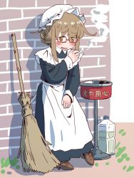 Rule 34 | 1girl, alternate costume, apron, bamboo broom, blush, bottle, braid, broom, brown eyes, brown footwear, brown hair, cigarette, enmaided, glasses, highres, kantai collection, kisei mt, long sleeves, looking at viewer, maid, maid apron, maid headdress, mochizuki (kancolle), open mouth, outdoors, semi-rimless eyewear, smoking, solo, victorian maid, white apron