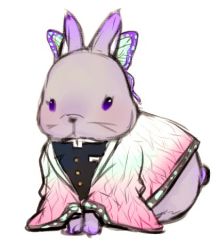Rule 34 | animal, animal focus, animalization, black jacket, rabbit, butterfly hair ornament, clothed animal, full body, hair ornament, jacket, kimetsu no yaiba, kochou shinobu, long sleeves, lowres, no humans, open clothes, purple eyes, simple background, solo, white background, wide sleeves, yuma (yuuma pants)