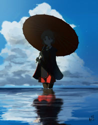 Rule 34 | 1girl, black coat, black footwear, black thighhighs, blue sky, blush, brown eyes, brown hair, chiyoda (kancolle), closed mouth, cloud, coat, commentary, day, holding, kantai collection, looking at viewer, medium hair, neve (morris-minicooper), ocean, oil-paper umbrella, raincoat, red umbrella, reflection, reflective water, scenery, signature, sky, smile, solo, thighhighs, umbrella