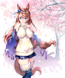 Rule 34 | 1girl, :d, animal ears, black skirt, black thighhighs, blue eyes, blush, braid, branch, breasts, brown hair, commentary request, flower, hair between eyes, hands up, highres, horse ears, horse girl, horse tail, impossible clothes, impossible sweater, large breasts, long hair, looking at viewer, open mouth, petals, pink flower, pleated skirt, rei (rei&#039;s room), ribbed sweater, skirt, sleeveless, sleeveless sweater, sleeveless turtleneck, smile, solo, super creek (umamusume), sweater, tail, teeth, thighhighs, tree, turtleneck, turtleneck sweater, umamusume, upper teeth only, very long hair, white sweater