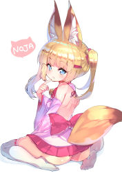 Rule 34 | 1girl, animal ear fluff, animal ears, ass, bare back, bell, blonde hair, blue eyes, detached sleeves, fang, finger to mouth, fox ears, fox tail, from behind, fujishima-sei ichi-gou, hair ornament, hairclip, hakama, hakama short skirt, hakama skirt, highres, japanese clothes, jingle bell, kemomimi oukoku kokuei housou, long hair, looking back, miko, mikoko (kemomimi oukoku kokuei housou), miniskirt, no panties, pink shirt, red skirt, shirt, simple background, sitting, skirt, solo, spread legs, tail, thighhighs, twintails, virtual youtuber, white background, white thighhighs