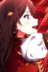 Rule 34 | 1girl, black hair, chase! (love live!), commentary, earrings, from side, hair ornament, highres, jewelry, kusunoki tomori, long hair, love live!, love live! nijigasaki high school idol club, oda (101511a), one side up, red eyes, sidelocks, signature, smile, solo, sweat, twitter username, upper body, voice actor connection, yuki setsuna (love live!)