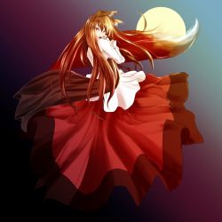 Rule 34 | 1girl, animal ears, brown hair, dress, full moon, gradient background, highres, imaizumi kagerou, jewelry, long sleeves, looking at viewer, moon, nyago, red eyes, solo, tail, touhou, wide sleeves, wolf ears, wolf tail