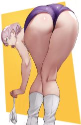 Rule 34 | 1girl, absurdres, ass, bare shoulders, bent over, blue eyes, boots, breasts, gloves, unworn gloves, gridman universe, highres, knee boots, kneepits, leotard, light brown hair, looking at viewer, mujina, purple leotard, short hair, simple background, solo, ssss.dynazenon, thighs, white footwear, white gloves, yellow background, yoshio (55level)