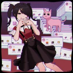 Rule 34 | 1girl, ame-chan (needy girl overdose), bad id, bad twitter id, black hair, black nails, black skirt, breasts, cat, controller, emoji, fingers together, frown, glitch, grey eyes, hair ornament, hairpin, heart, highres, internet, moon, mouse (computer), multicolored nails, nail polish, needy girl overdose, one eye covered, pleading face emoji, red nails, sad, sedai, short hair, short sleeves, sidelocks, simple background, skirt, small breasts, solo, sun, sunset, suspender skirt, suspenders, windows 95
