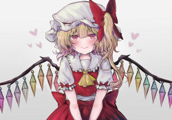 Rule 34 | 1girl, ascot, blonde hair, blush, bow, closed mouth, crystal, fang, flandre scarlet, frilled shirt collar, frilled sleeves, frills, hair between eyes, hat, hat bow, heart, highres, looking at viewer, medium hair, mob cap, one-hour drawing challenge, one side up, red bow, red eyes, red skirt, red vest, short sleeves, simple background, skirt, skirt set, smile, solo, touhou, tsurime, upper body, vest, white background, white hat, wings, yellow ascot, yuma (yuuma pants)