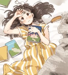 Rule 34 | 1girl, absurdres, bed, blush, book, brown eyes, brown hair, dress, hair spread out, hand on own head, highres, holding, holding book, kana (okitasougo222), long hair, lying, on back, on bed, original, solo, striped clothes, striped dress, unworn eyewear