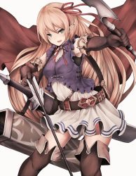 Rule 34 | &gt;:d, 1girl, :d, arisa (shadowverse), arrow (projectile), bad id, bad twitter id, belt, black gloves, blonde hair, bow (weapon), breasts, brooch, brown thighhighs, cape, cowboy shot, dress, elbow gloves, elf, gloves, green eyes, hair ribbon, hairband, huge weapon, jewelry, long hair, looking at viewer, neck ribbon, open mouth, over-kneehighs, pointy ears, red cape, red ribbon, ribbon, shadowverse, short dress, sleeveless, sleeveless dress, small breasts, smile, snm (sunimi), solo, sword, thighhighs, v-shaped eyebrows, weapon