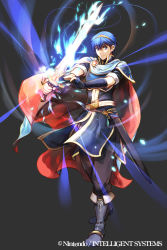 Rule 34 | 1boy, armor, blue eyes, blue hair, cape, falchion (fire emblem), fire emblem, fire emblem: mystery of the emblem, fire emblem cipher, full body, gloves, looking at viewer, male focus, marth (fire emblem), nintendo, official art, short hair, simple background, solo, sword, tiara, weapon