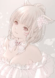 Rule 34 | 1girl, 2023, animal ears, artist name, blonde hair, bow, bowtie, braid, breasts, cat ears, cat girl, cleavage, dated, earrings, facial mark, final fantasy, final fantasy xiv, flower, flower earrings, hair flower, hair ornament, highres, jewelry, medium breasts, miqo&#039;te, parted lips, pink bow, pink bowtie, pink eyes, pink flower, piyoco, short hair, solo, upper body, warrior of light (ff14), whisker markings