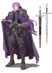 Rule 34 | 1boy, armor, artist name, black ribbon, cape, commission, copyright request, full body, hair ribbon, highres, holding, holding sword, holding weapon, jun (navigavi), long hair, male focus, pauldrons, purple cape, purple hair, ribbon, shoulder armor, simple background, skeb commission, solo, standing, sword, very long hair, weapon, white background