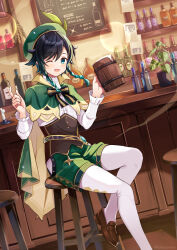 Rule 34 | 1boy, androgynous, bar (place), beer mug, beret, black hair, blue hair, blurry, blurry background, blush, bottle, bow, braid, brooch, cape, collared cape, collared shirt, commentary request, corset, cup, diamond (shape), dutch angle, frilled sleeves, frills, fukaya miku, gem, genshin impact, gradient hair, green cape, green eyes, green hat, green shorts, hat, highres, holding, holding cup, jewelry, leaf, long sleeves, looking at viewer, male focus, mug, multicolored hair, one eye closed, open mouth, pantyhose, pinwheel, shirt, shoes, short hair with long locks, shorts, side braids, sidelocks, sitting, smile, solo, sparkle, twin braids, venti (genshin impact), vision (genshin impact), white pantyhose, white shirt, wine bottle, wooden chair
