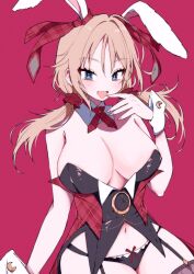 1girl :d animal_ears arm_at_side bare_shoulders black_leotard black_panties blonde_hair blue_eyes blush breasts cleavage cowboy_shot cowlick curvy detached_collar film_grain finger_to_mouth fingernails floating_hair garter_straps hair_between_eyes hair_intakes hair_ornament hair_ribbon hair_scrunchie hand_up hapymaher highres large_breasts leotard long_hair looking_at_viewer low_twintails navel neck_ribbon open_mouth panties pink_background playboy_bunny rabbit_ears rabbit_girl red_ribbon red_scrunchie ribbon scrunchie simple_background smile solo strapless strapless_leotard twintails umamochi_shiro underwear white_wrist_cuffs wrist_cuffs yayoi_b_lutwidge