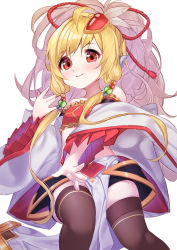 Rule 34 | 1girl, absurdres, animal ears, bandeau, beads, black thighhighs, blonde hair, detached sleeves, dy kai, gem, granblue fantasy, hair beads, hair ornament, highres, long hair, mahira (granblue fantasy), outstretched arm, pelvic curtain, ponytail, red eyes, sitting, smile, solo, thighhighs, white sleeves