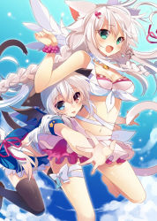 Rule 34 | 2girls, :p, anceril sacred, animal ears, barefoot, bikini, black legwear, blue eyes, blush, bow, breasts, cat ears, ciel sacred, cleavage, cloud, fang, front-tie top, green eyes, heterochromia, hug, long hair, looking at viewer, medium breasts, mishima kurone, multiple girls, navel, open mouth, original, red eyes, ribbon, shiny skin, skirt, sky, smile, swimsuit, tail, thighhighs, tongue, tongue out, twintails, white hair