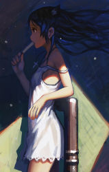 Rule 34 | 1girl, absurdres, animal ears, arm support, bad id, bad pixiv id, bare shoulders, black hair, cross, cross necklace, dress, female focus, flat chest, floating hair, food, food in mouth, from side, highres, jewelry, long hair, looking away, lu ying, necklace, off shoulder, original, popsicle, profile, shade, solo, strap slip, sundress