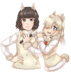 Rule 34 | 2girls, :d, alpaca ears, alpaca suri (kemono friends), alpaca suri (kemono friends) (cosplay), alpaca tail, animal ears, blonde hair, blue eyes, bow, bowtie, brown eyes, brown hair, closed mouth, commentary request, cosplay, extra ears, fujii yukiyo, fur-trimmed sleeves, fur collar, fur scarf, fur trim, hair bun, hair over one eye, hand on another&#039;s shoulder, hand on own hip, hand up, highres, holding, holding microphone, horizontal pupils, kemono friends, kemonomimi mode, lips, long sleeves, looking at viewer, medium hair, microphone, multiple girls, neck ribbon, open mouth, real life, ribbon, scarf, shirt, short hair, sidelocks, simple background, single hair bun, smile, sweater vest, tail, thin (suzuneya), upper body, voice actor, white background, white shirt